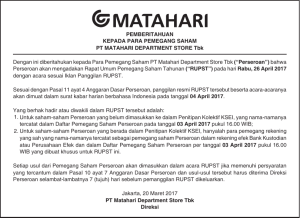 Announcement to the Shareholders of PT Matahari Department