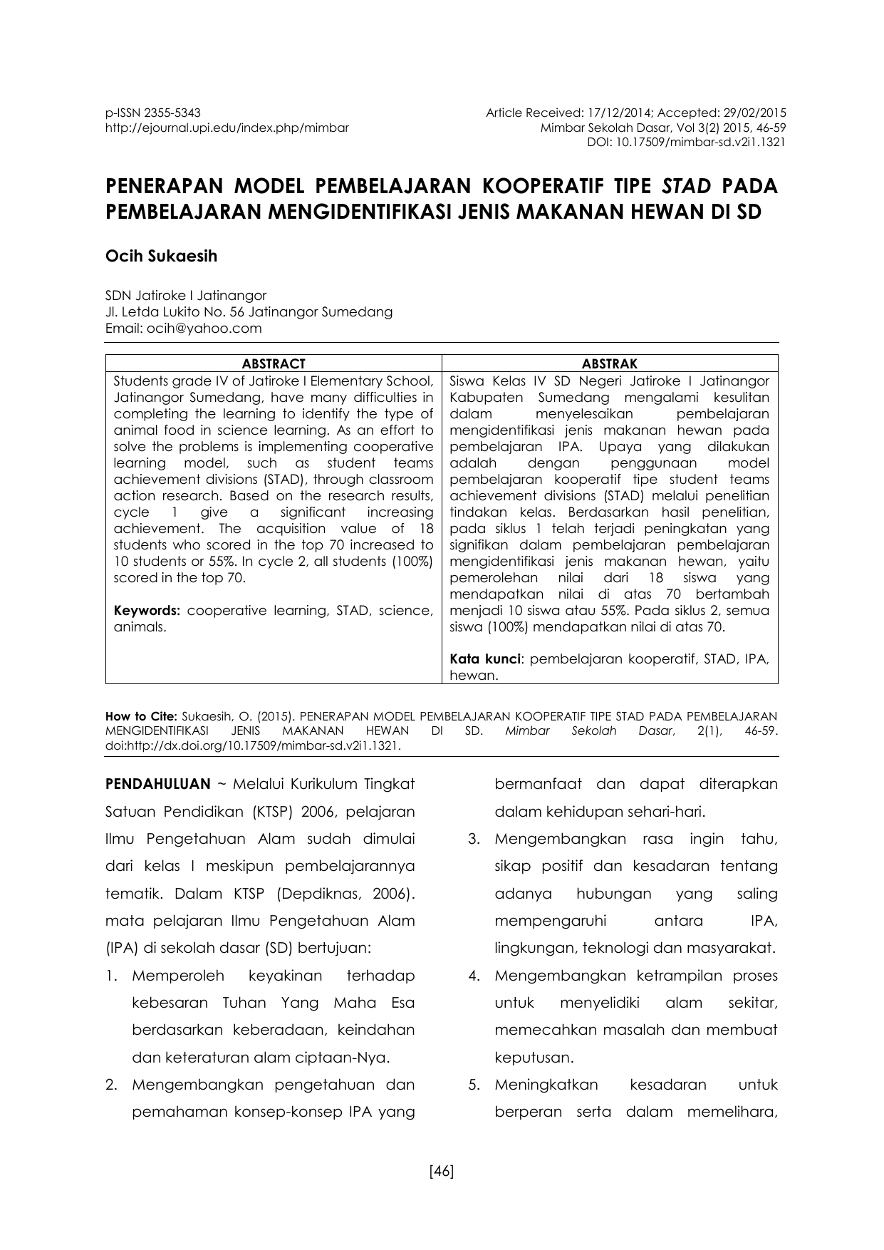 Penerapan Model Pembelajaran Kooperatif Tipe Stad Pada