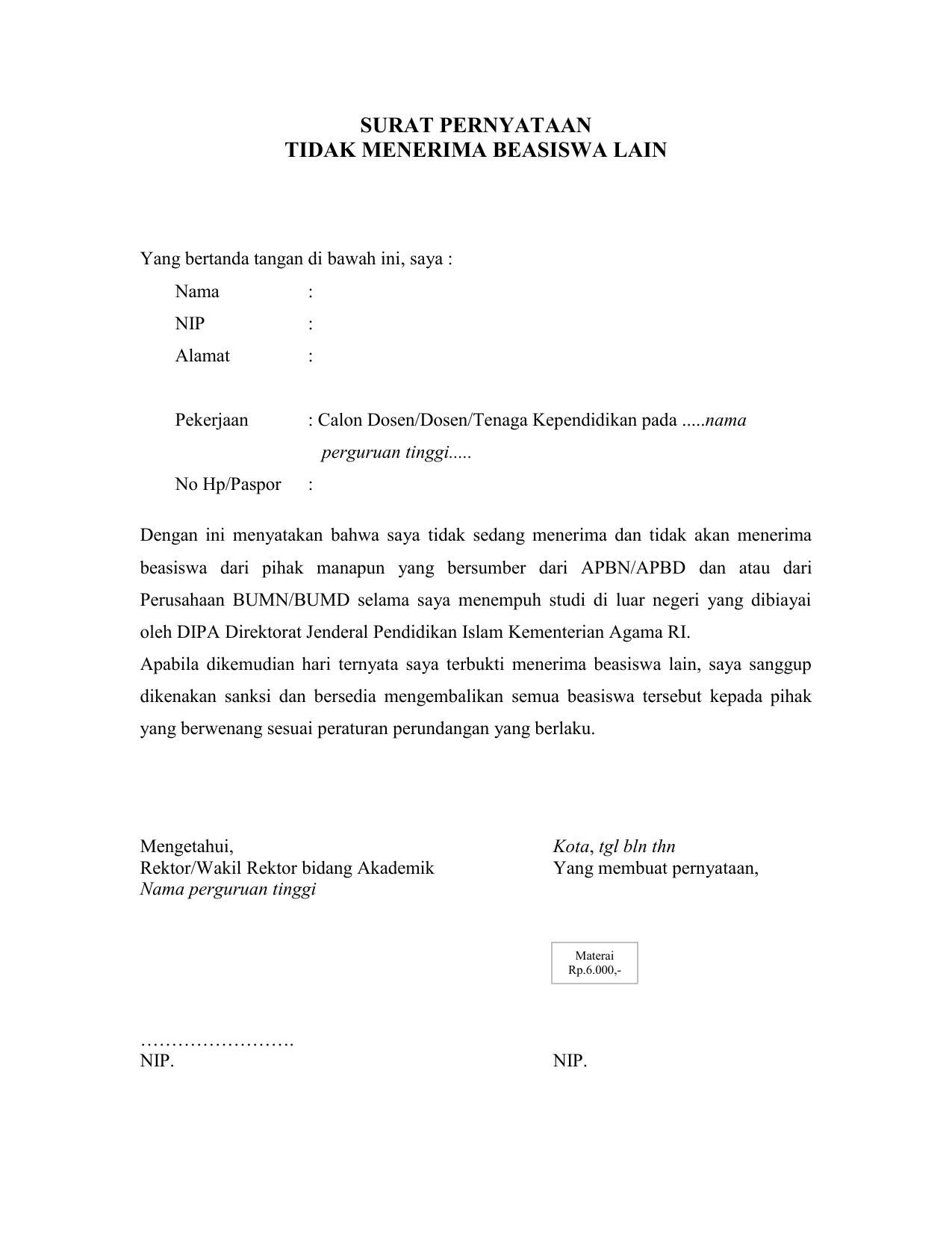 Contoh Surat Pernyataan Tidak Menerima Beasiswa Dari Manapun Delinewstv