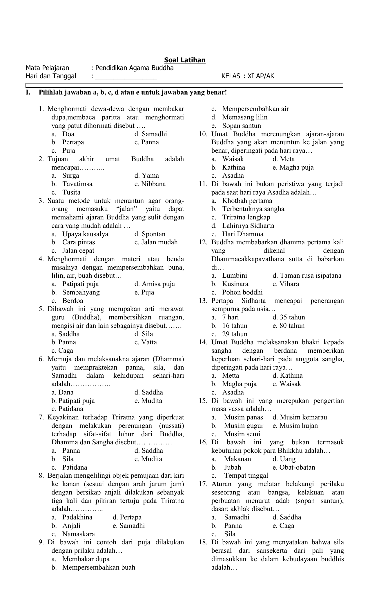 Soal Latihan Agama Buddha Kls 10