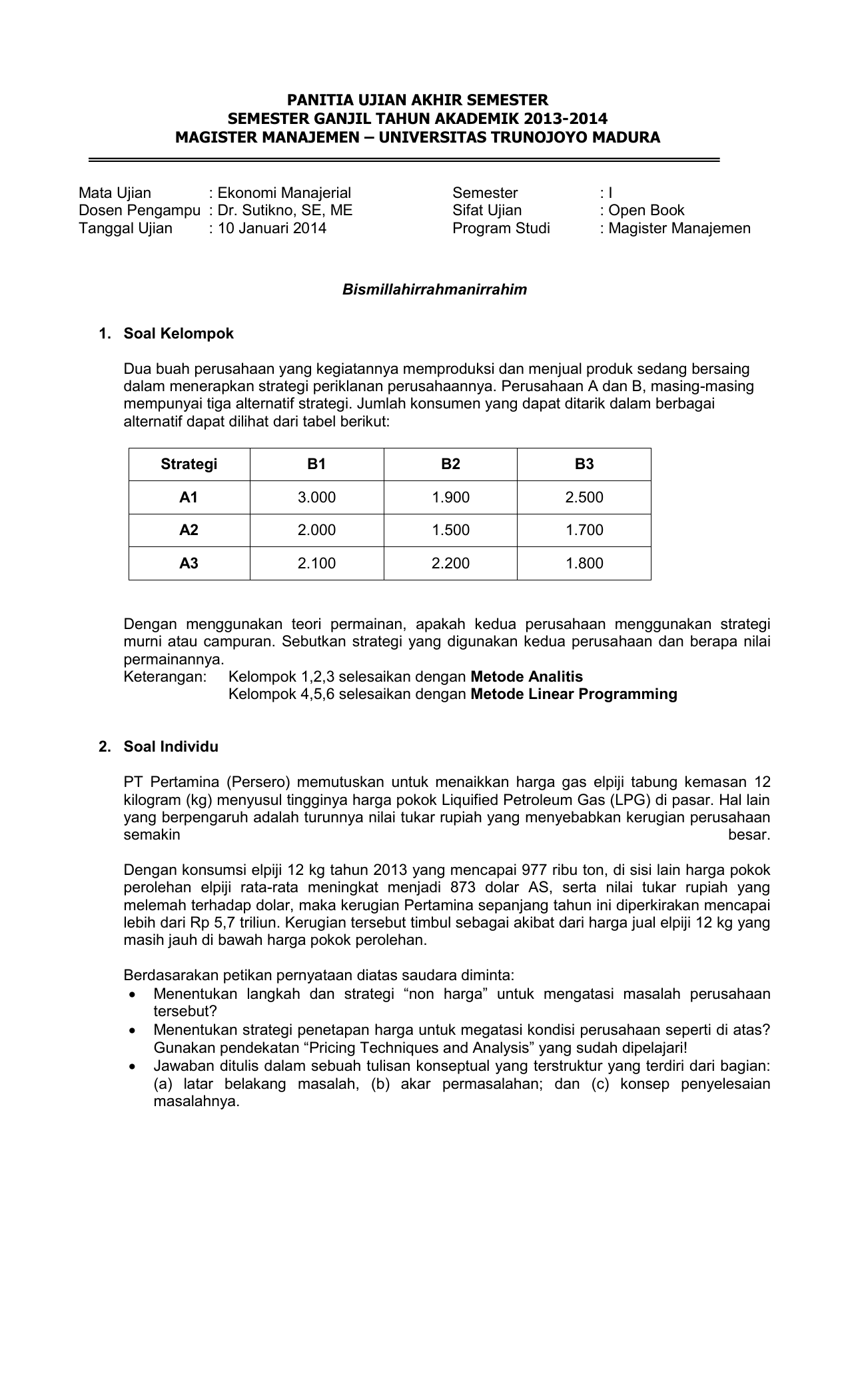 contoh soal opportunity cost