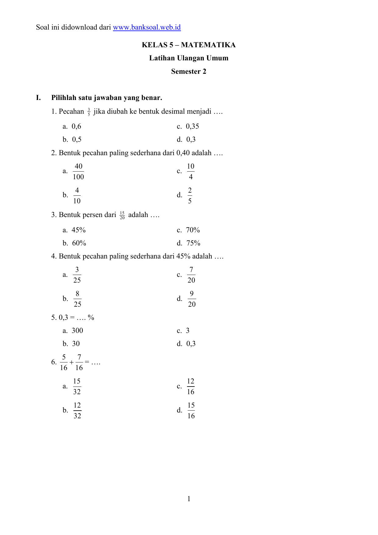 Sd Semester 2 Idslide Net Kelas 5 Matematika Soal Soal Ukk Uas Ktsp