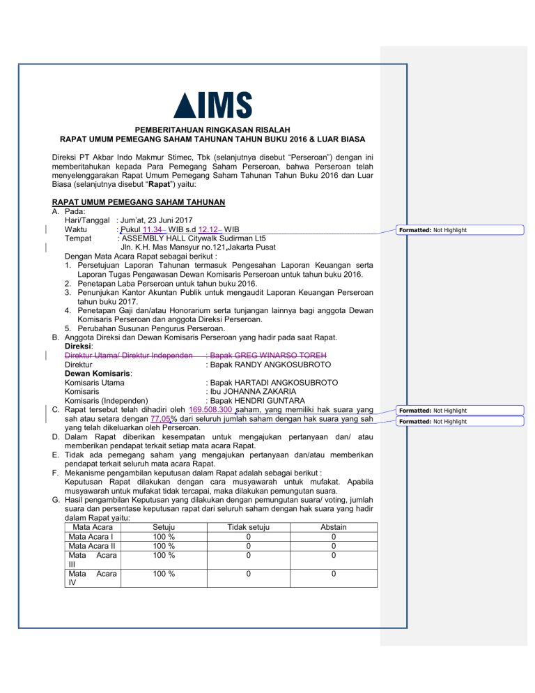 PEMBERITAHUAN RINGKASAN RISALAH RAPAT UMUM