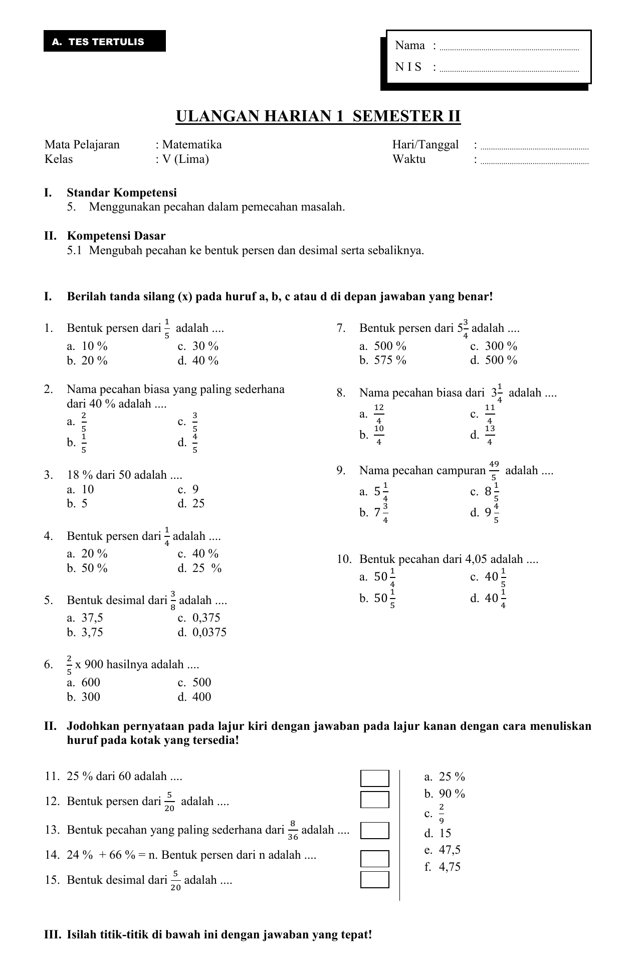 Soal Matematika Kelas 5 Pecahan Kunci Dunia