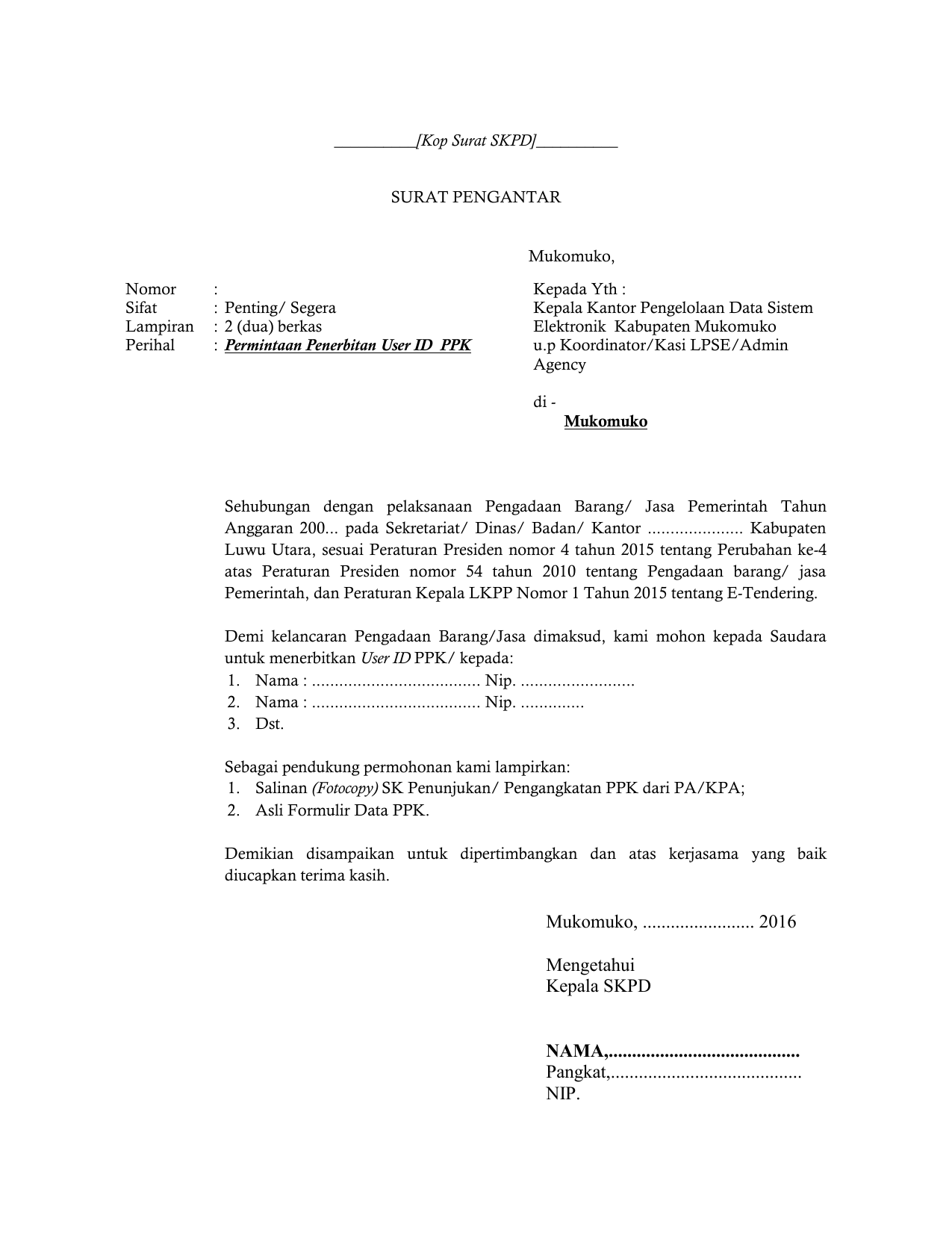 Format Surat Permintaan Penerbitan User Id Ppk