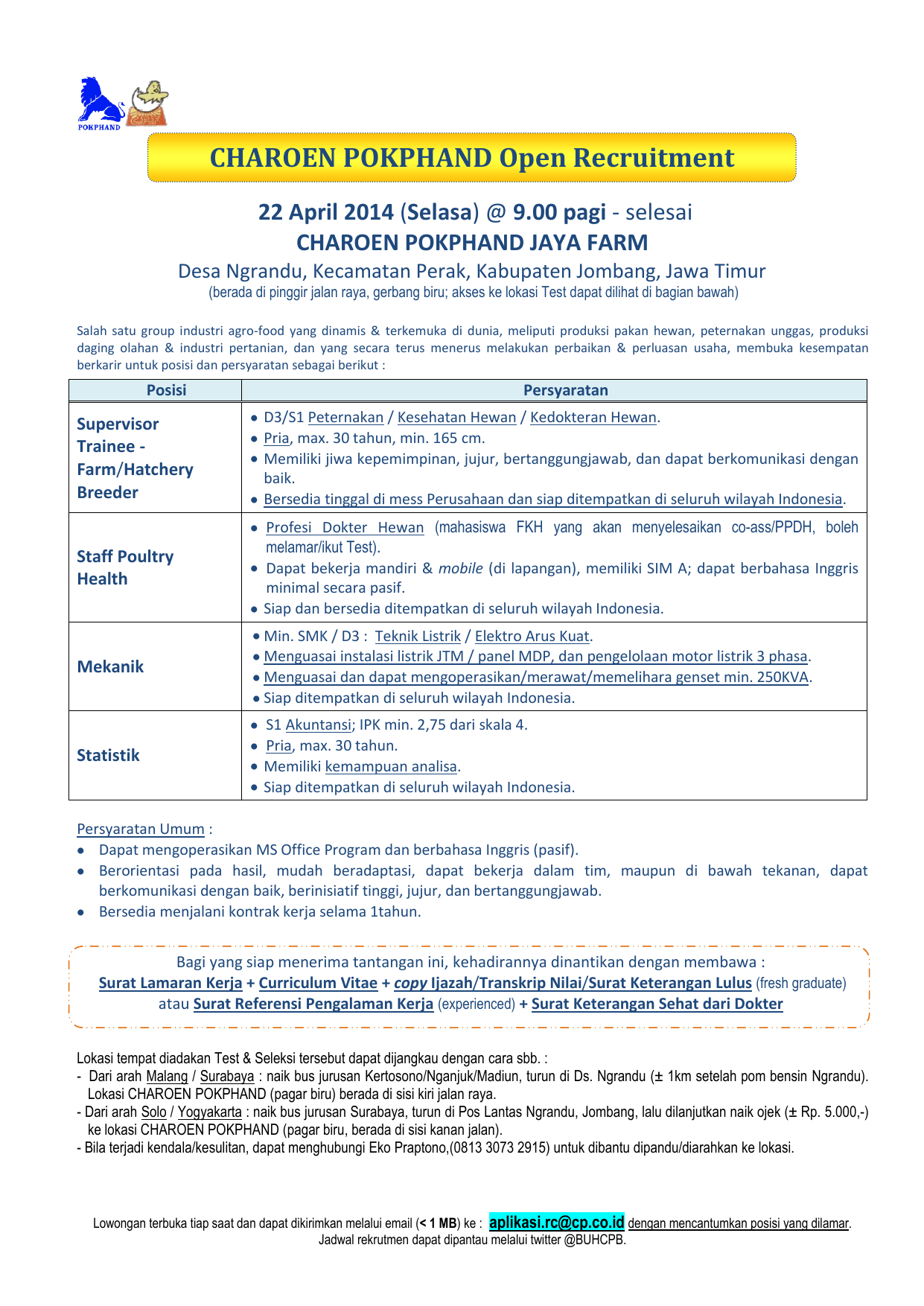 Charoen Pokphand Open Recruitment At Jombang 22 Apr 2014