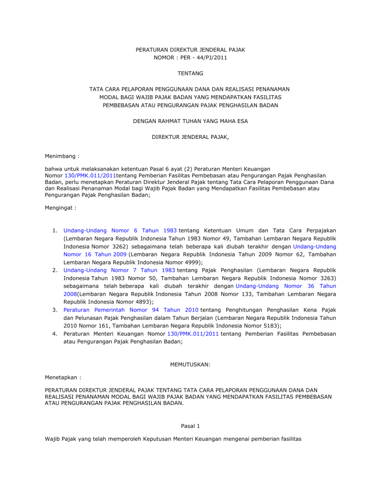 PERATURAN DIREKTUR JENDERAL PAJAK NOMOR : PER