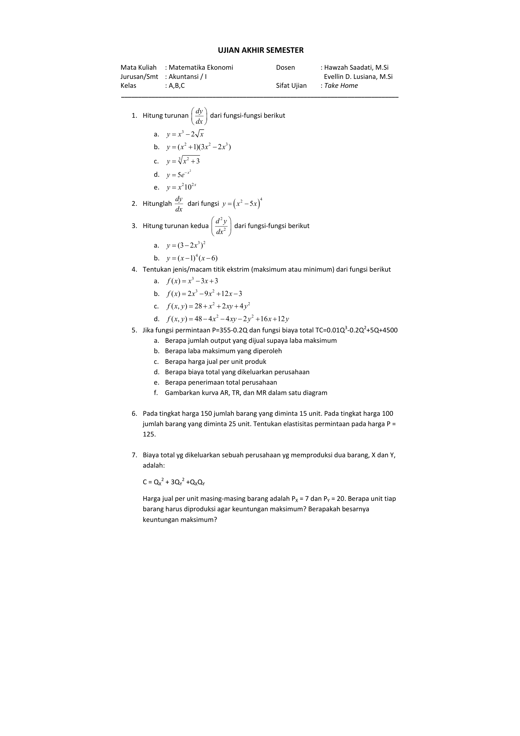 Contoh Soal Untuk Matematika Ekonomi Semester 1 - Ilmu Siswa