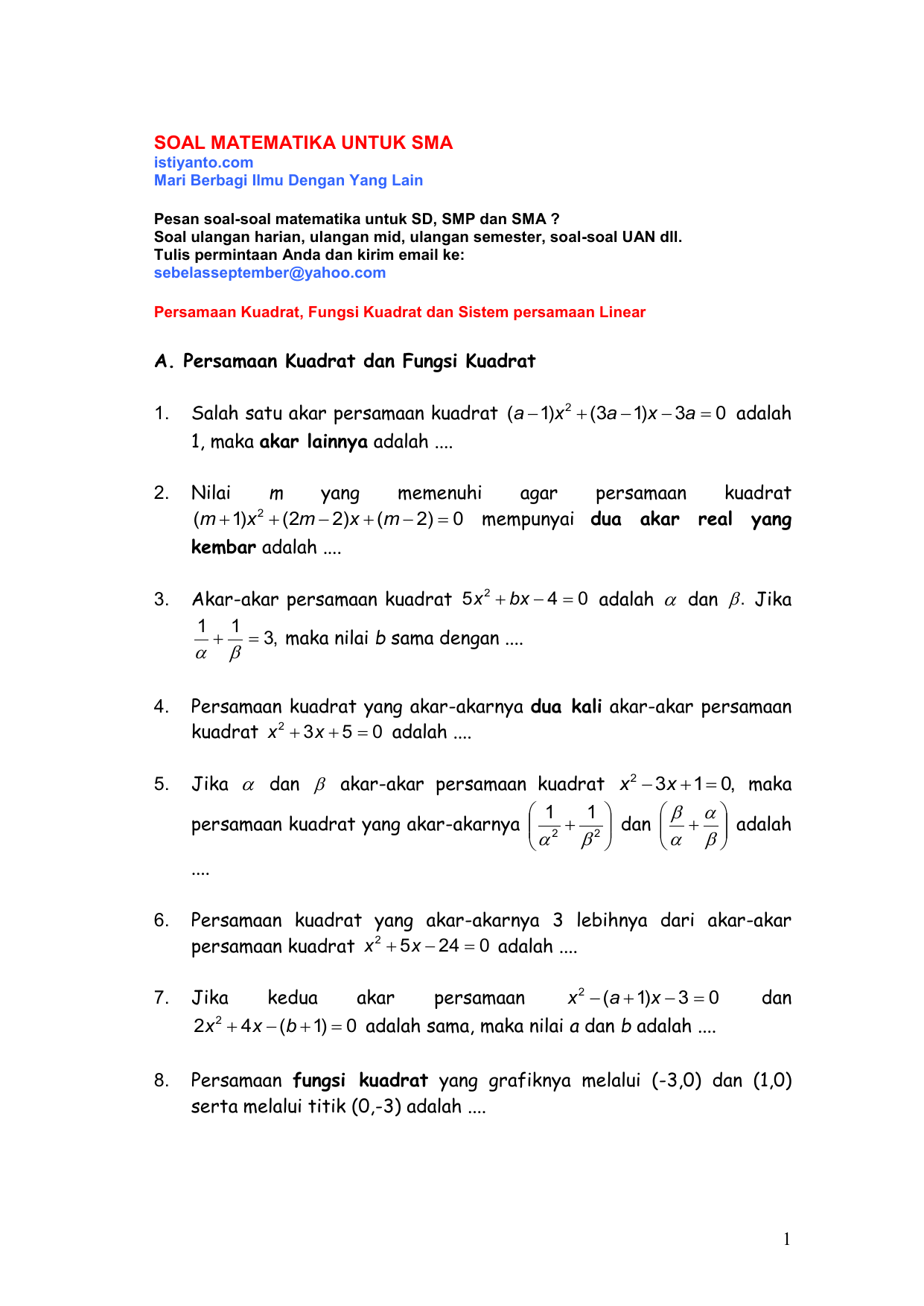 Fungsi Kuadrat Kelas 9 Soal