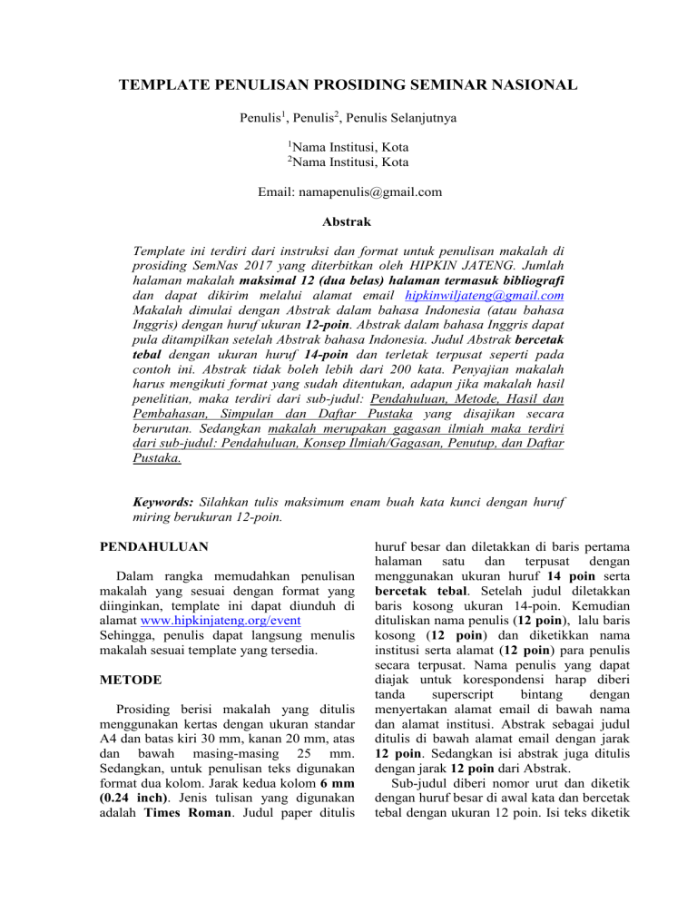 TEMPLATE PENULISAN PROSIDING SEMINAR NASIONAL Penulis