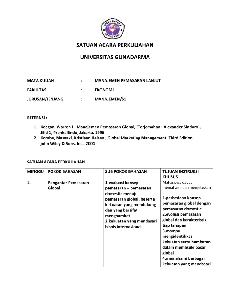 SATUAN ACARA PERKULIAHAN UNIVERSITAS GUNADARMA