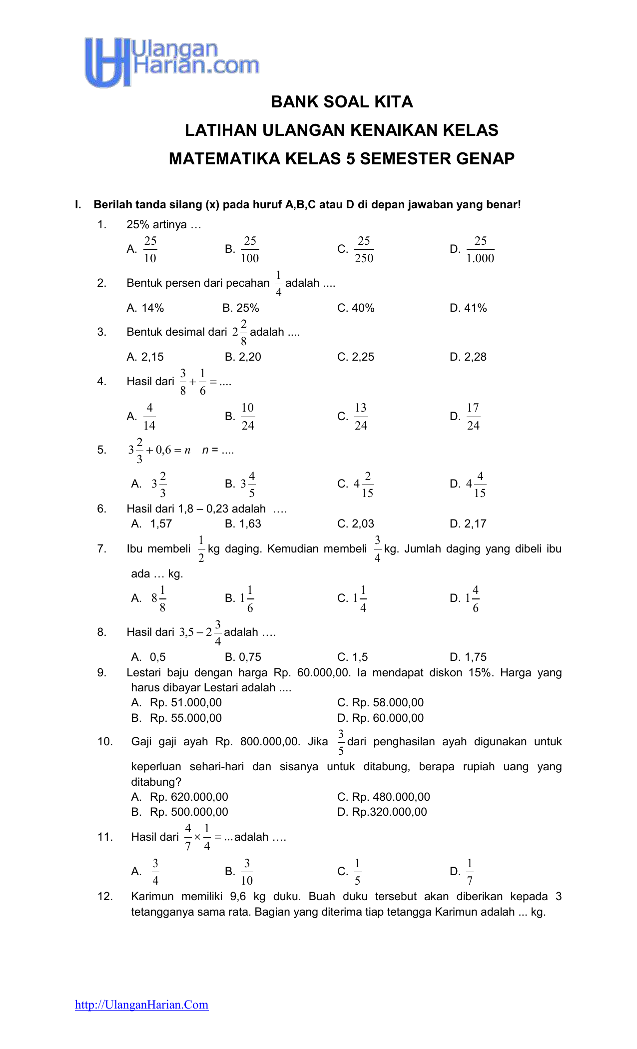 Soal Ujian Matematika Kelas 5 Kurikulum 2013