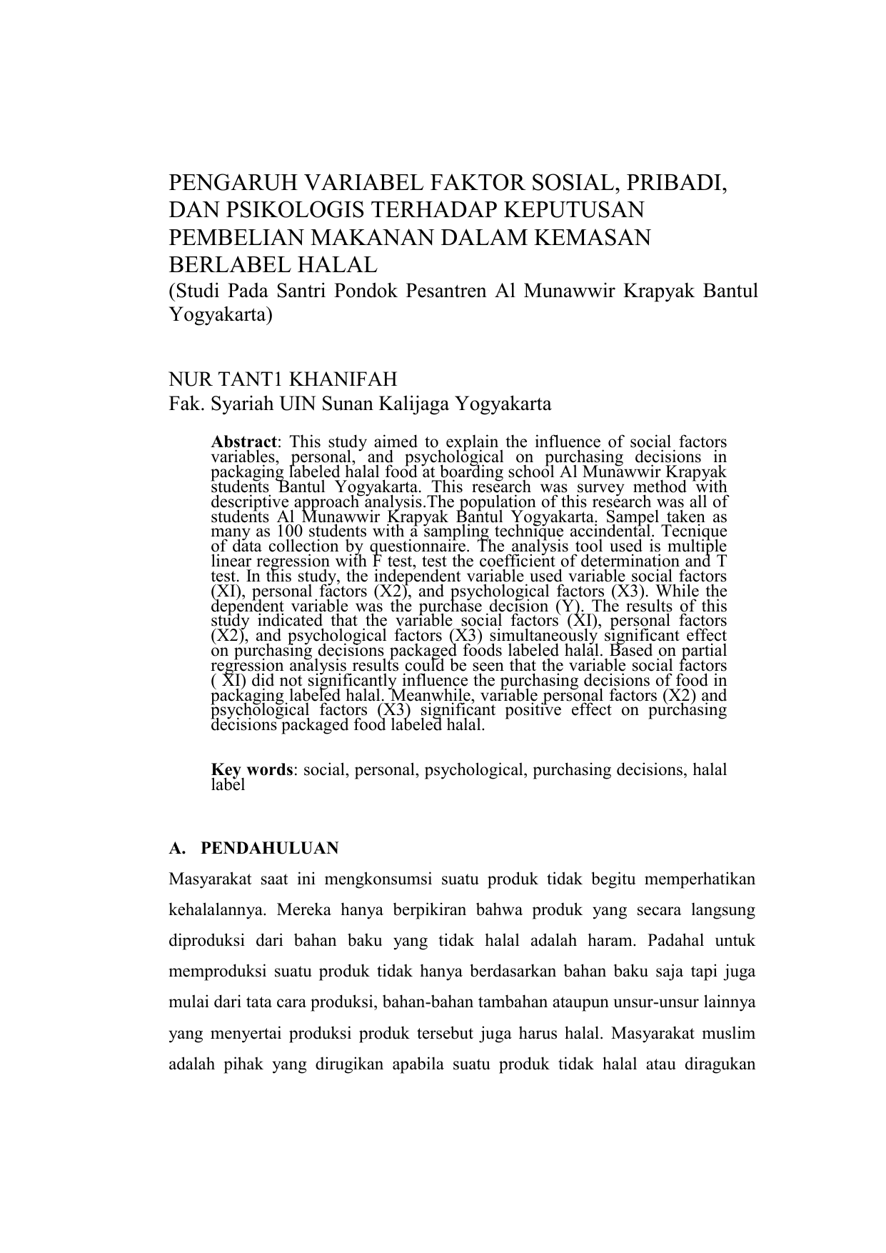 KEMASAN BERLABEL HALAL Studi Pada Santri Pondok Pesantren Al Munawwir Krapyak Bantul Yogyakarta NUR TANT1 KHANIFAH Fak Syariah UIN Sunan Kalijaga