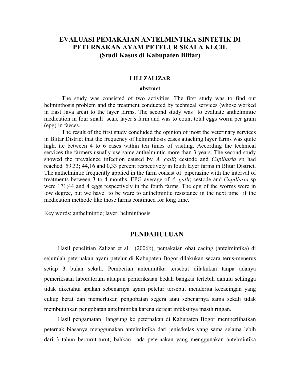 Evaluasi Pemakaian Antelmintika Sintetik Di