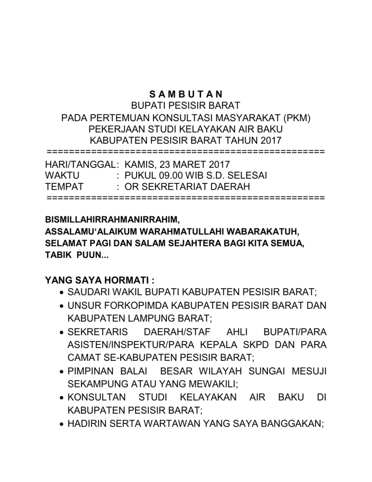 sambutan bupati pertemuan konsultasi masyarakat (pkm)