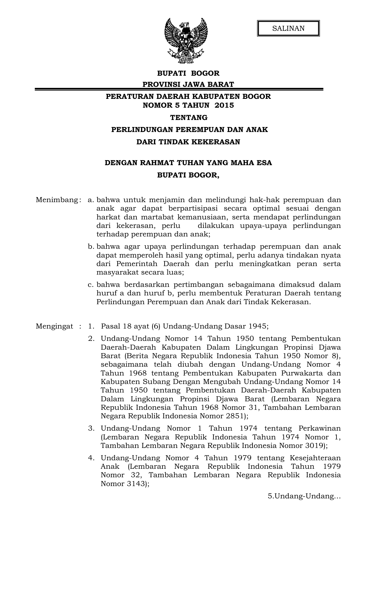 Bupati Bogor Provinsi Jawa Barat Peraturan Daerah Kabupaten