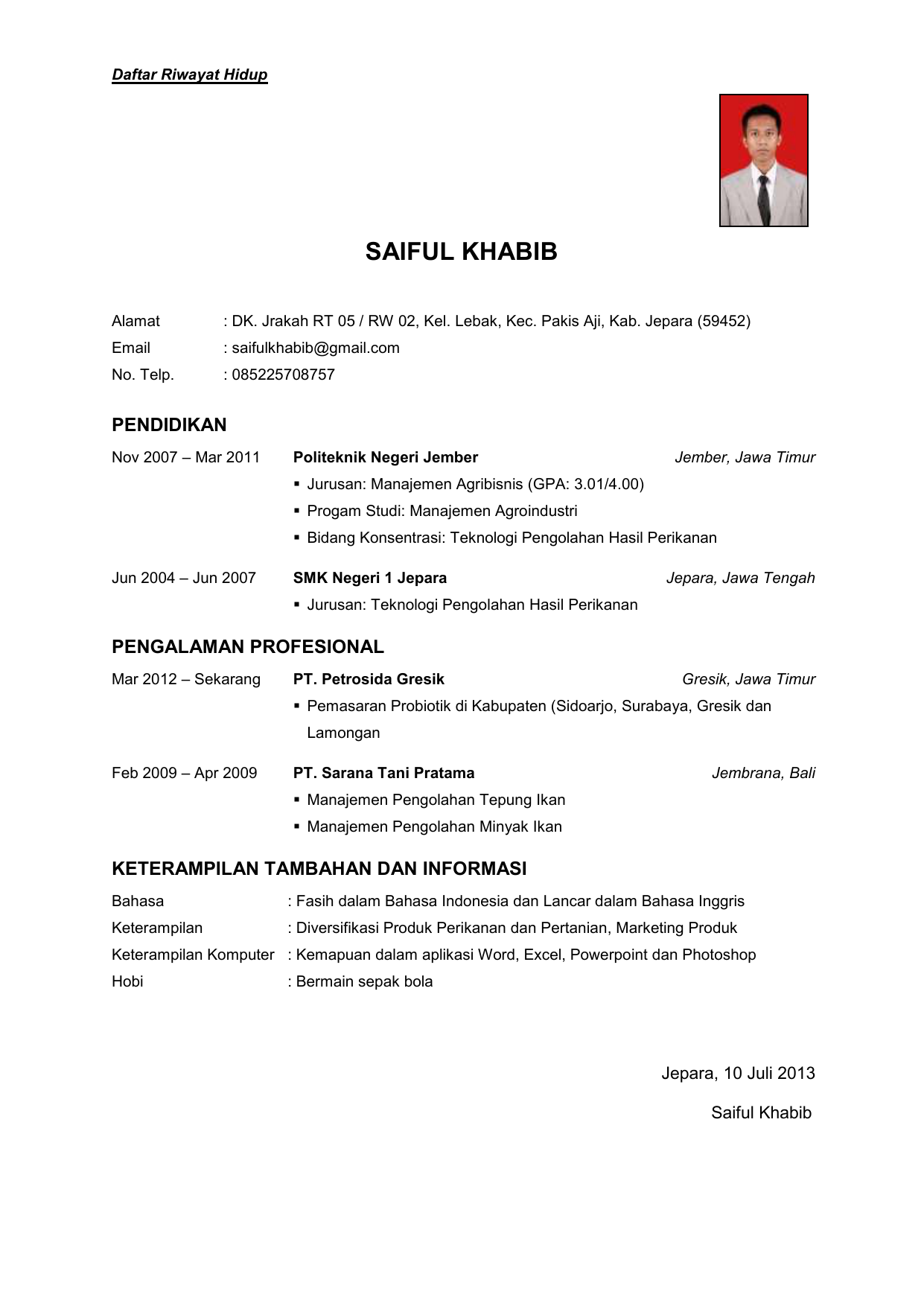 Daftar Riwayat Hidup Saiful Khabib Alamat Dk Jrakah Rt 05