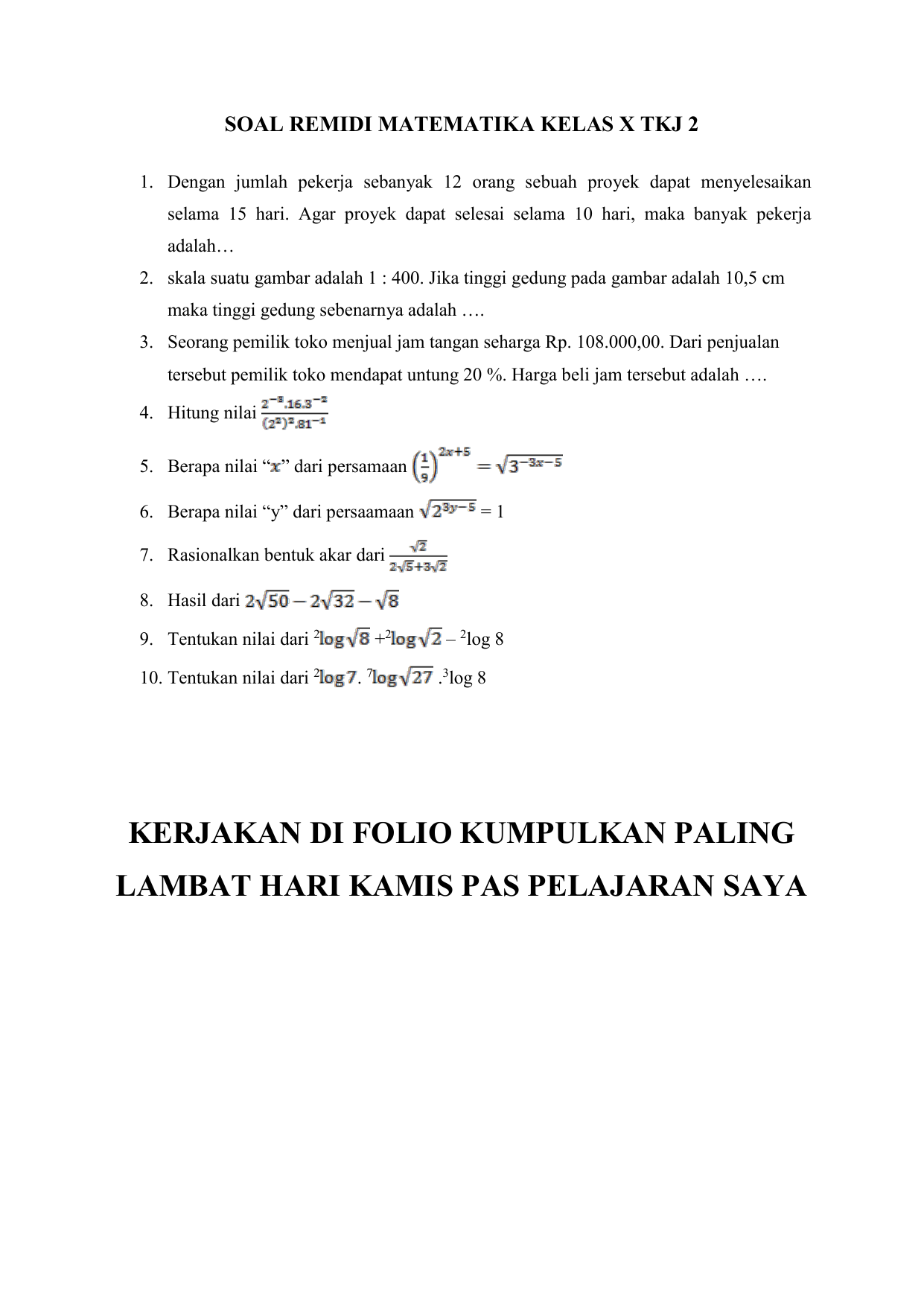 Soal Remidi Matematika Kelas X Tkj 2 Dengan Jumlah