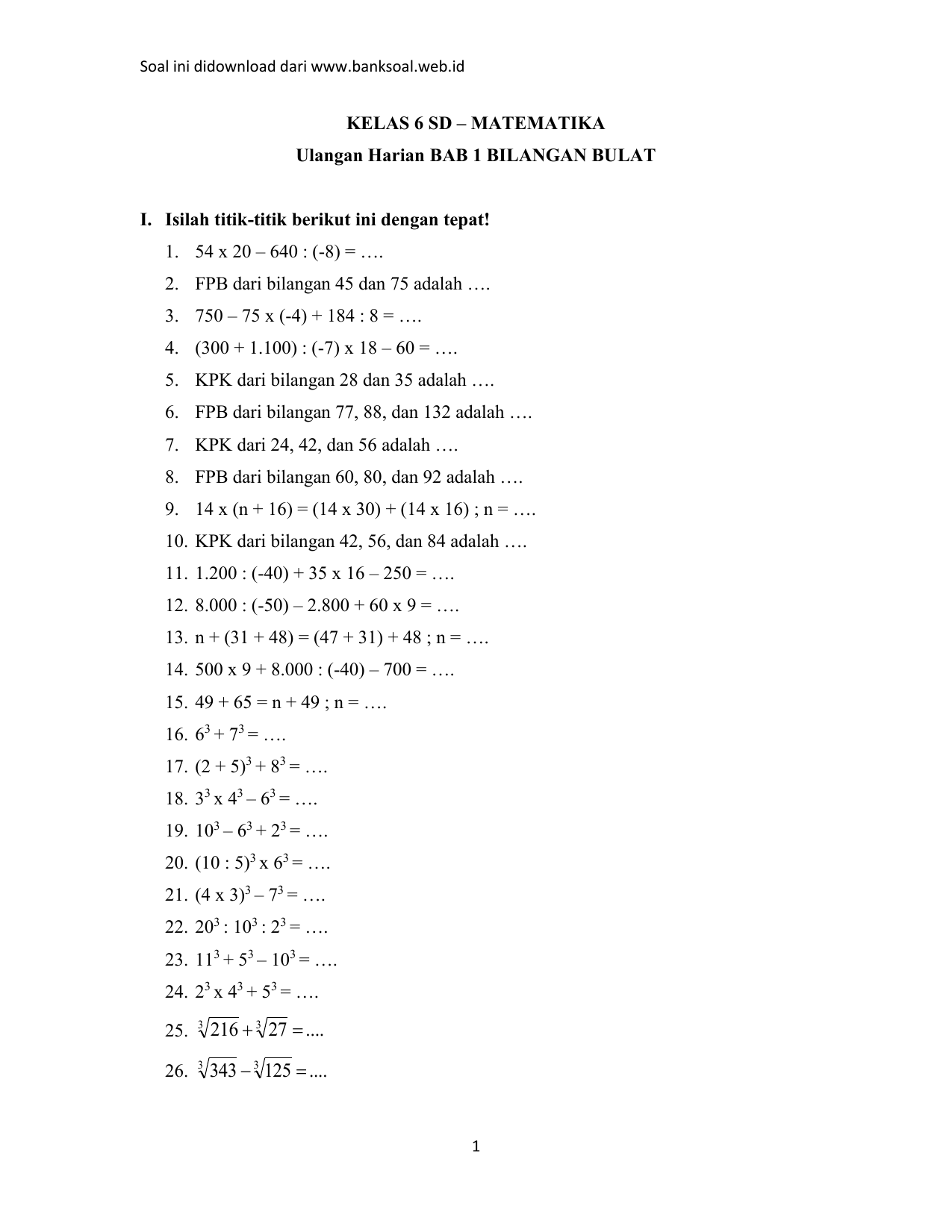 Kelas 6 Sd Matematika Download Soal Ujian Tengah Semester Ganjil Uts 1