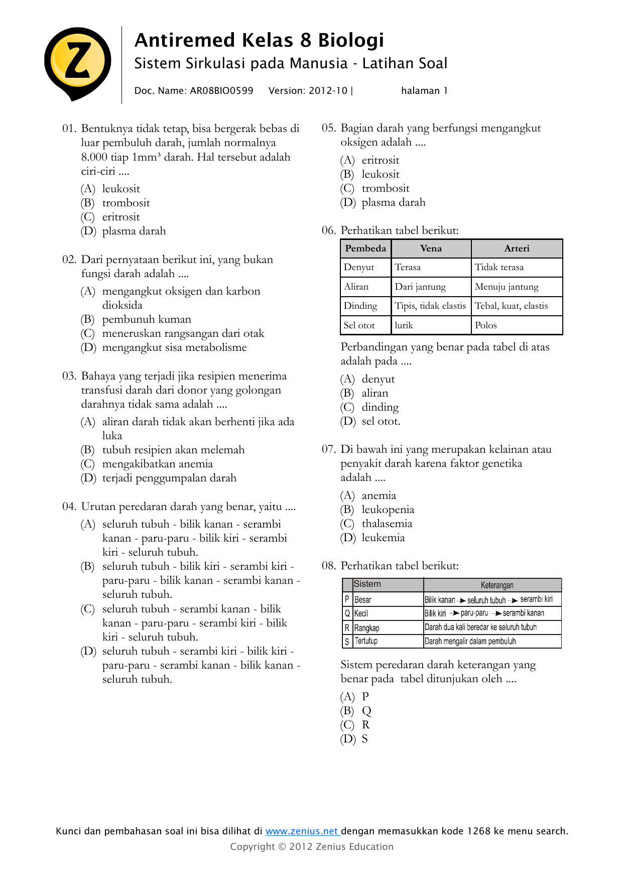 Antiremed Kelas 8 Biologi Sistem Sirkulasi pada Manusia Latihan Soal Doc Name AR08BIO0599 Version 2012 10