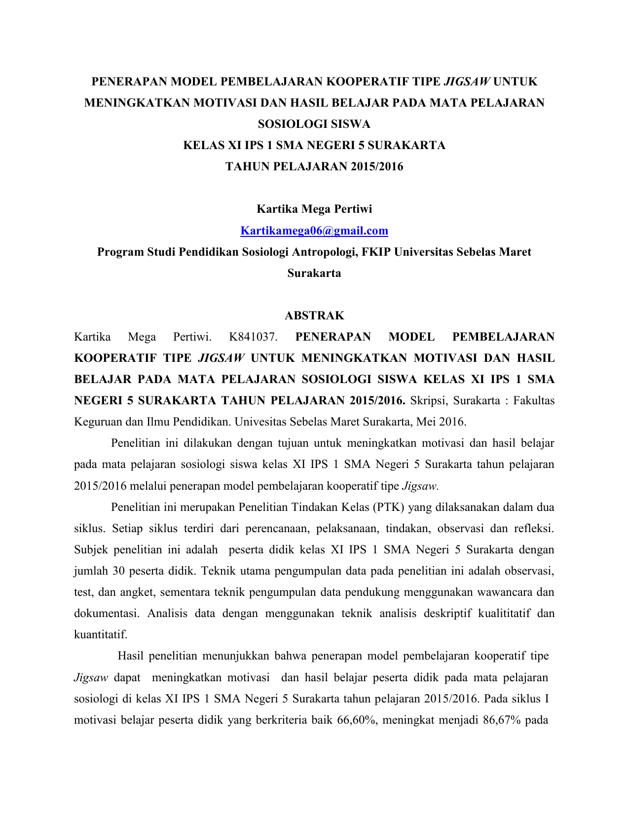 Penerapan Model Pembelajaran Kooperatif Tipe Jigsaw Untuk