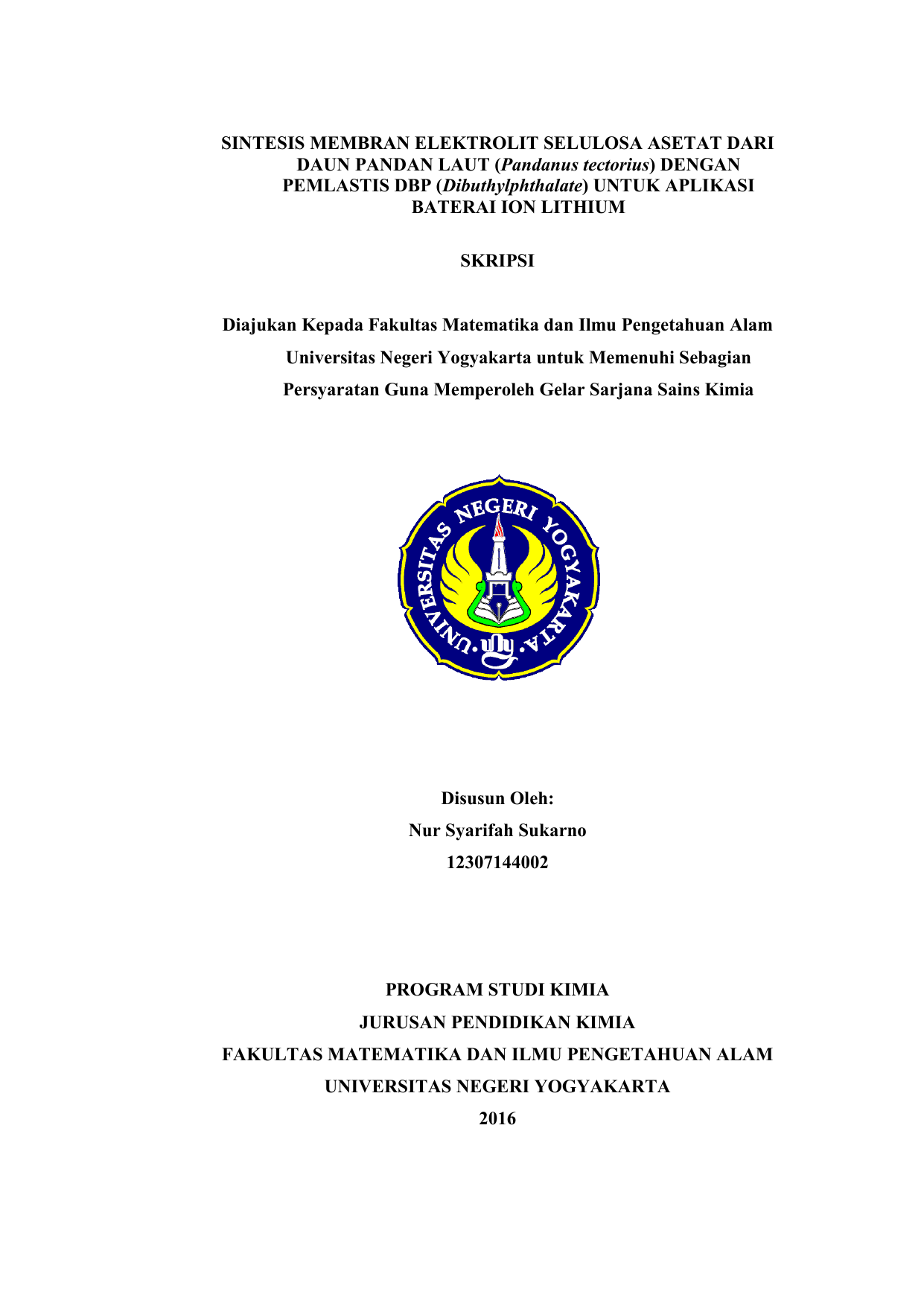 UNTUK APLIKASI BATERAI ION LITHIUM SKRIPSI Diajukan Kepada Fakultas Matematika dan Ilmu Pen ahuan Alam Universitas Negeri Yogyakarta