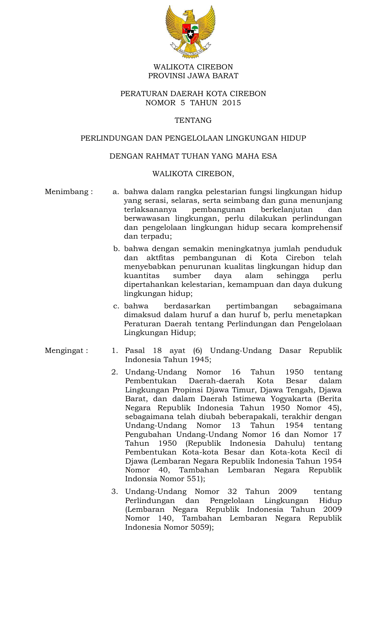 Walikota Cirebon Provinsi Jawa Barat Peraturan Daerah Kota