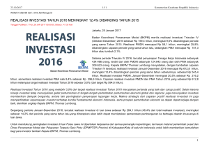 realisasi investasi tahun 2016 meningkat 12,4% dibanding tahun 2015