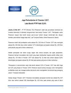 Jaga Pertumbuhan di Triwulan I 2017, Laba Bersih PTPP Naik 32,6%