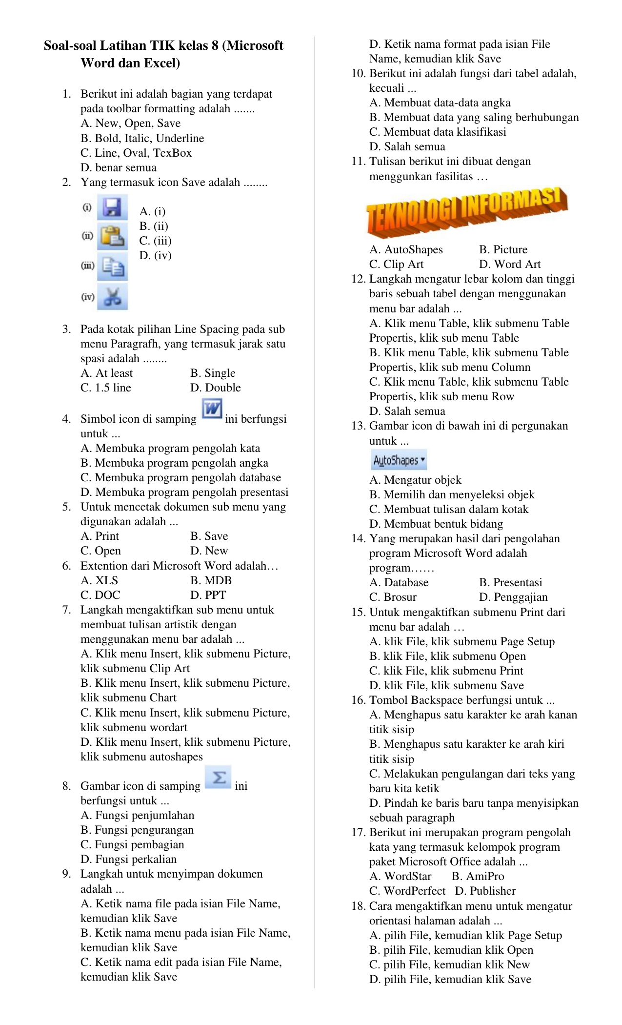 Soalsoal Latihan TIK kelas 8 (Microsoft Word dan Excel)