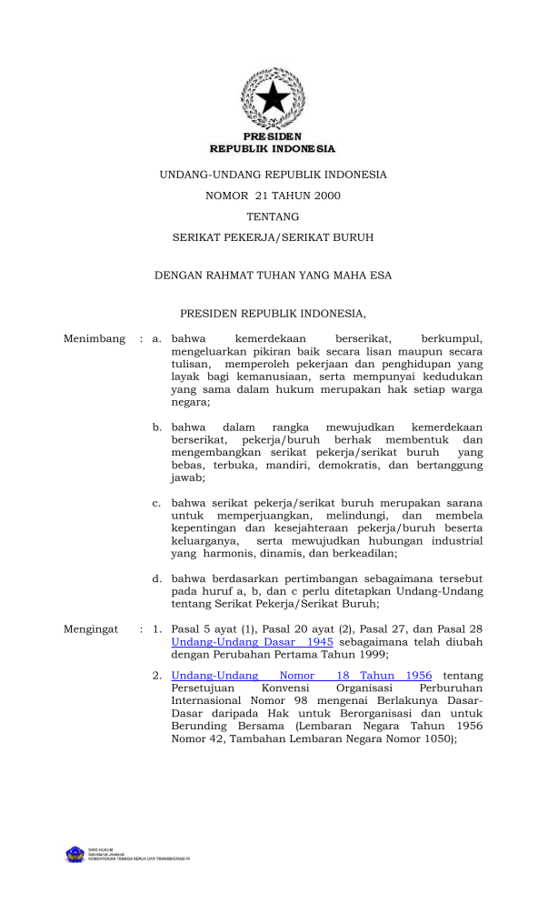 Undang-undang Republik Indonesia Nomor 21 Tahun 2000 Tentang