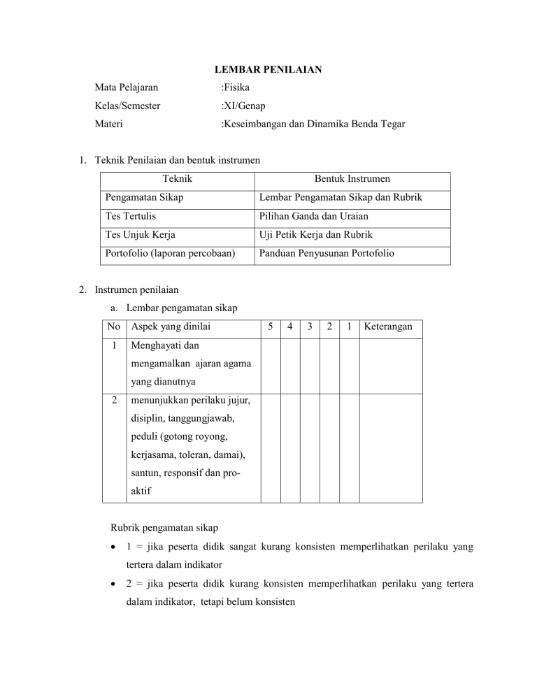 LEMBAR PENILAIAN Mata Pelajaran :Fisika Kelas/Semester :XI