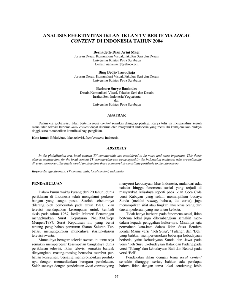Analisis Efektivitas Iklan-iklan Tv Bertema Local Content Di
