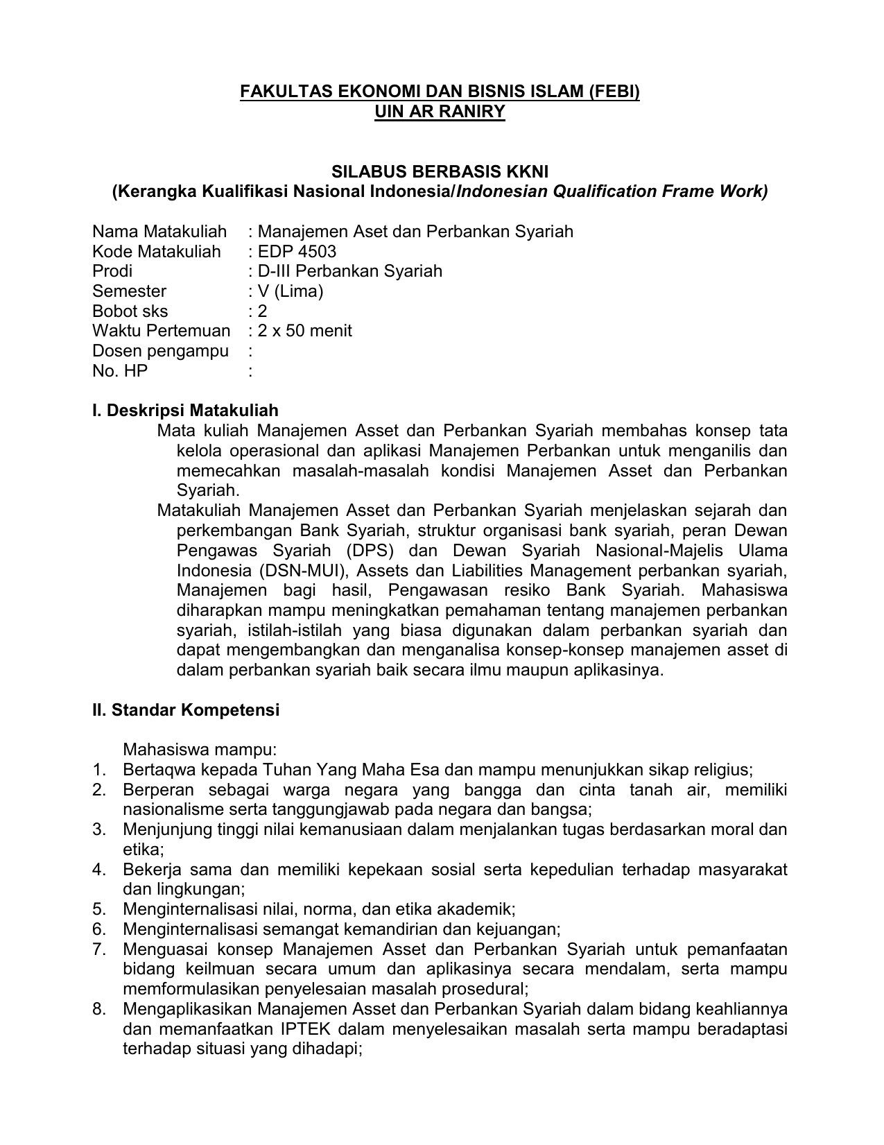 FAKULTAS EKONOMI DAN BISNIS ISLAM FEBI UIN AR RANIRY SILABUS BERBASIS KKNI Kerangka Kualifikasi Nasional Indonesia Indonesian Qualification Frame Work