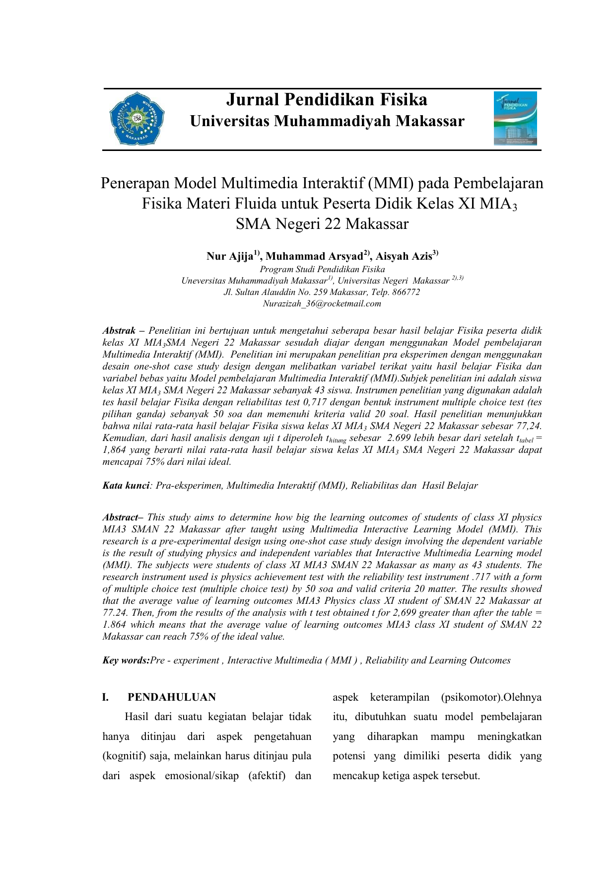 197 Jurnal Pendidikan Fisika Universitas Muhammadiyah Makassar Penerapan Model Multimedia Interaktif MMI pada Pembelajaran Fisika Materi Fluida untuk
