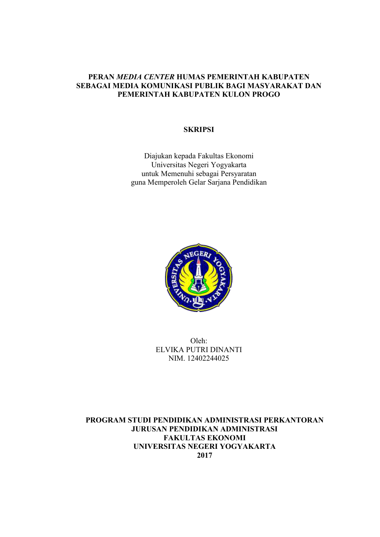 KABUPATEN KULON PROGO SKRIPSI Diajukan kepada Fakultas Ekonomi Universitas Negeri Yogyakarta untuk Memenuhi sebagai Persyaratan guna Memperoleh Gelar