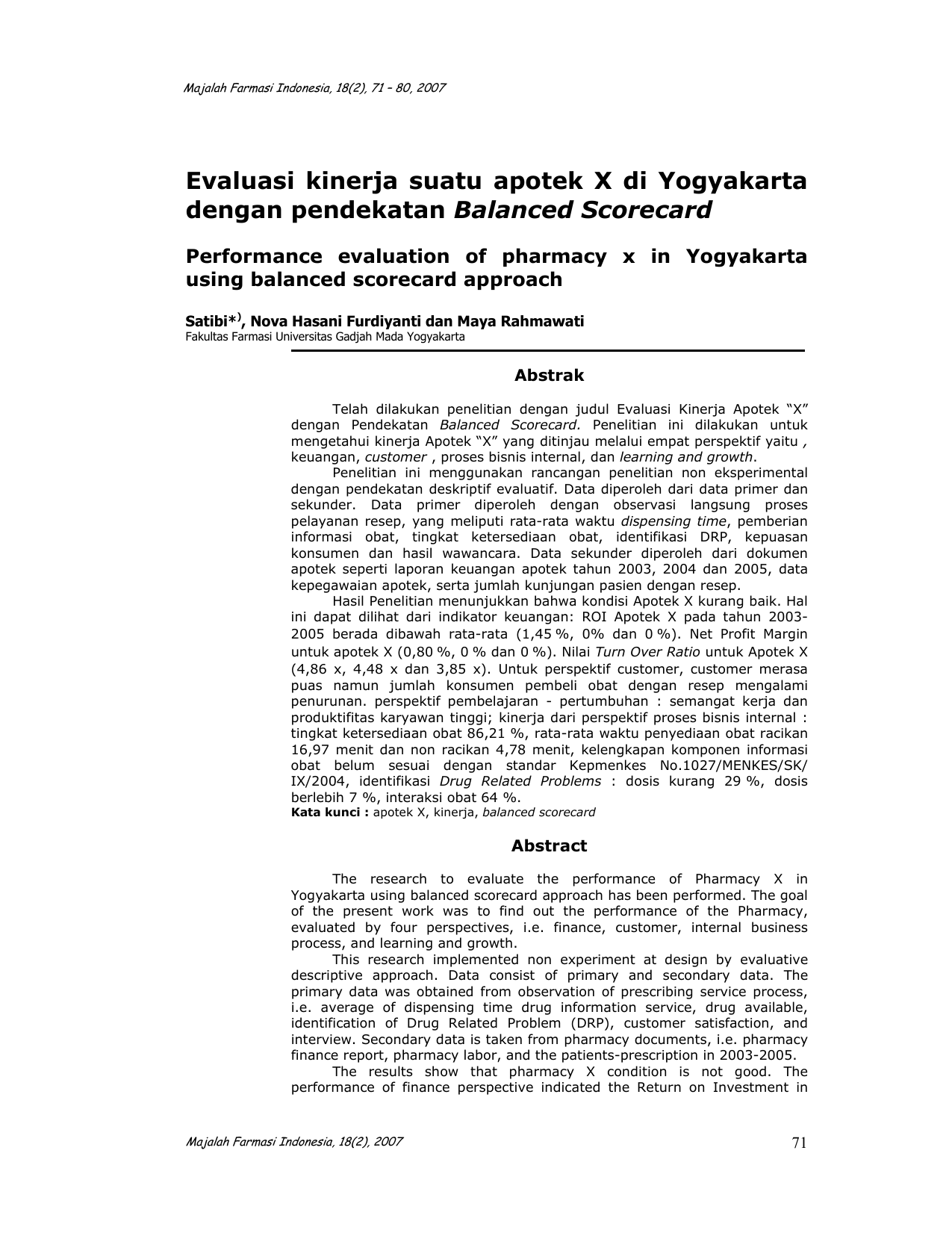 Majalah Satibi Farmasi Indonesia 18 2 71 – 80 2007 Evaluasi kinerja suatu apotek X di Yogyakarta dengan pendekatan Balanced Scorecard Performance