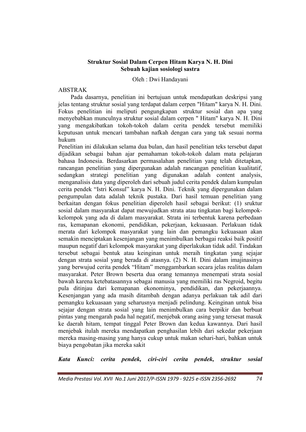 Struktur Sosial Dalam Cerpen Hitam Karya N H Dini Sebuah Kajian