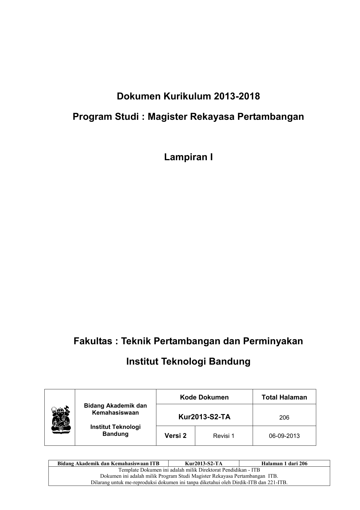 Dokumen Kurikulum 2013 2018 Program Studi Magister Rekayasa Pertambangan Lampiran I Fakultas Teknik Pertambangan dan Perminyakan Institut Teknologi