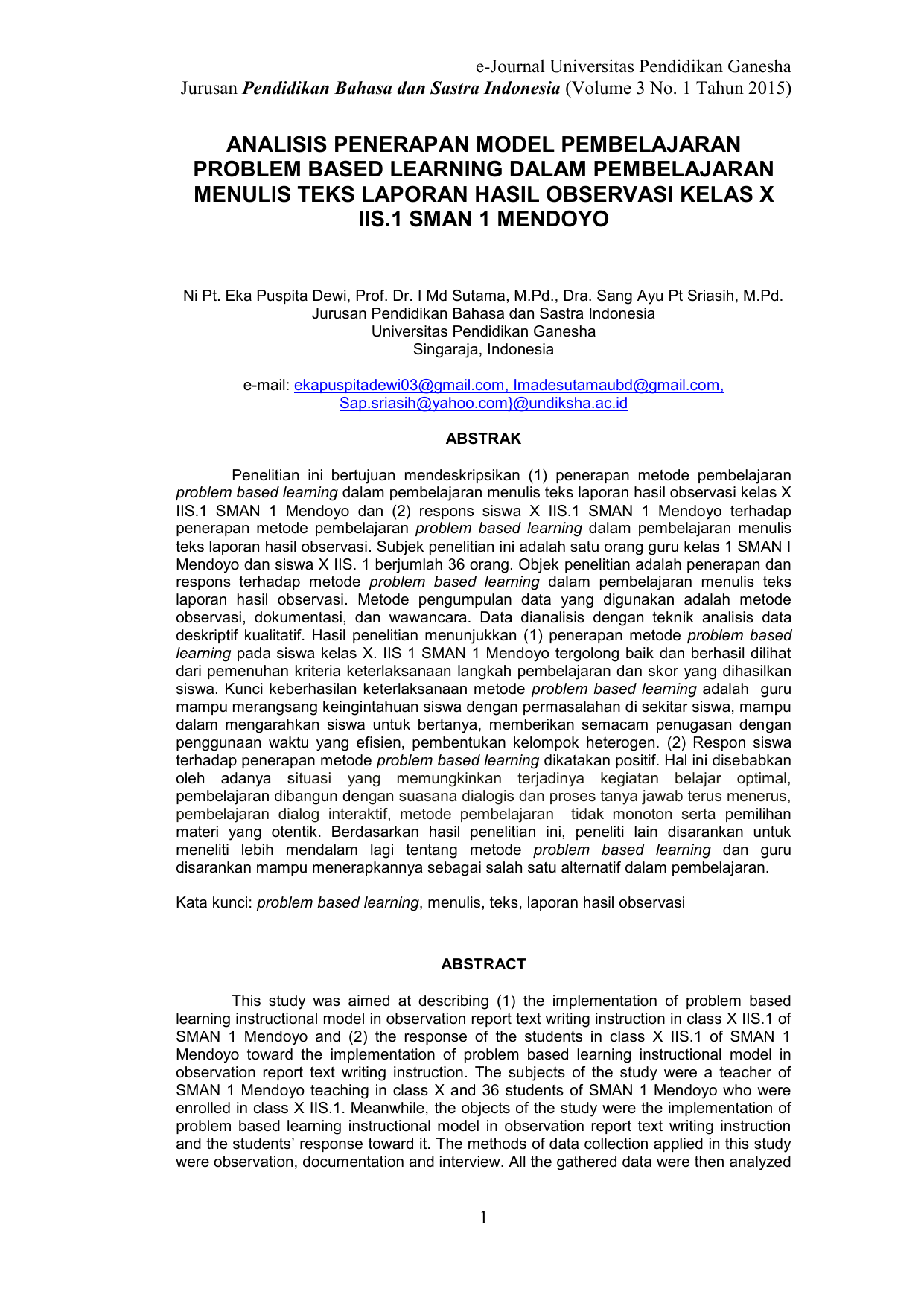 Analisis Penerapan Model Pembelajaran Problem Based Learning