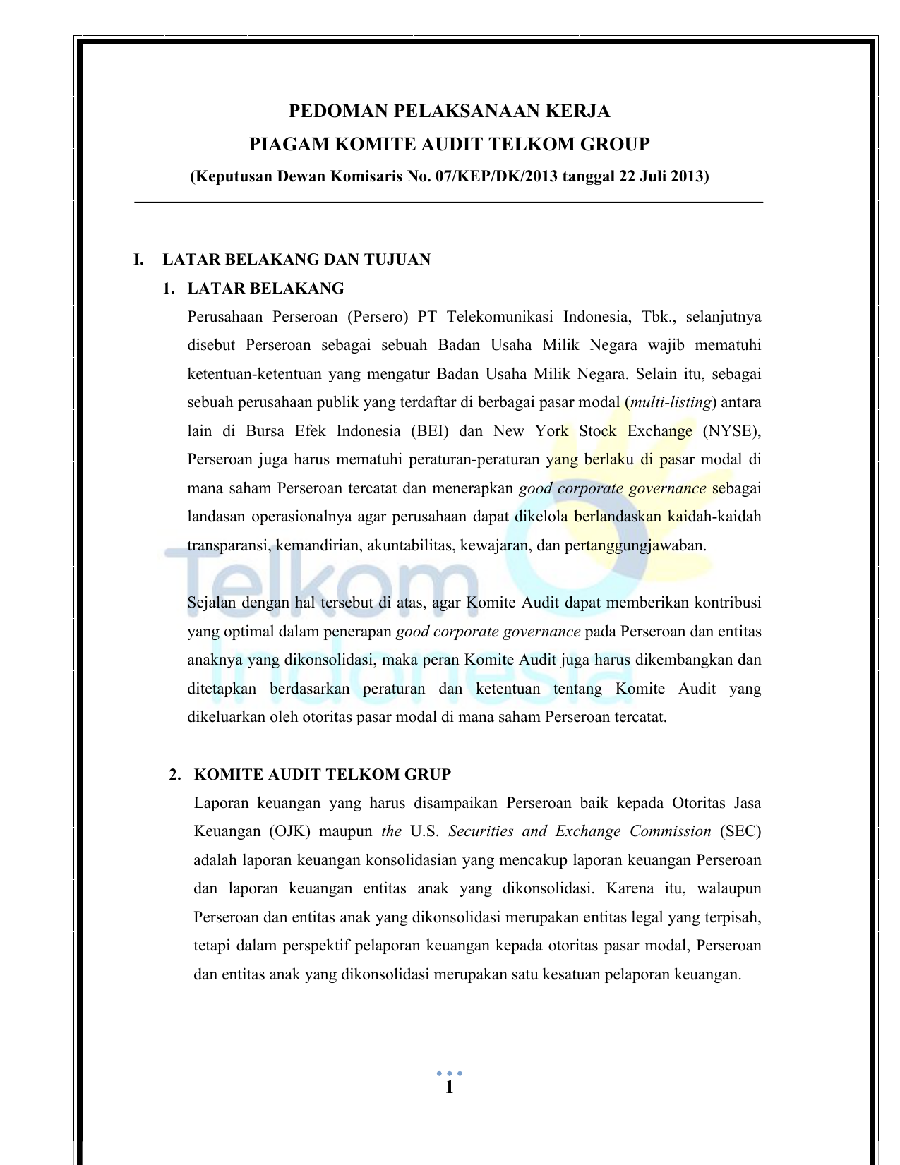1 Pedoman Pelaksanaan Kerja Piagam Komite Audit Telkom Group