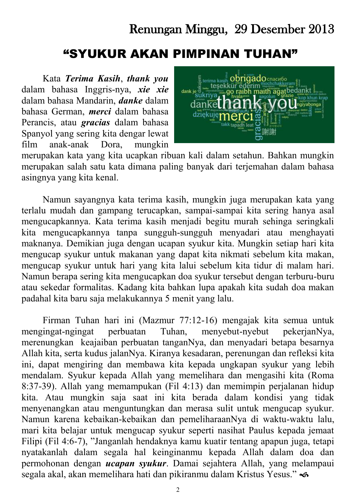 Renungan Minggu 29 Desember 2013 “SYUKUR AKAN PIMPINAN TUHAN” Kata Terima Kasih thank you dalam bahasa Inggris nya xie xie dalam bahasa Mandarin
