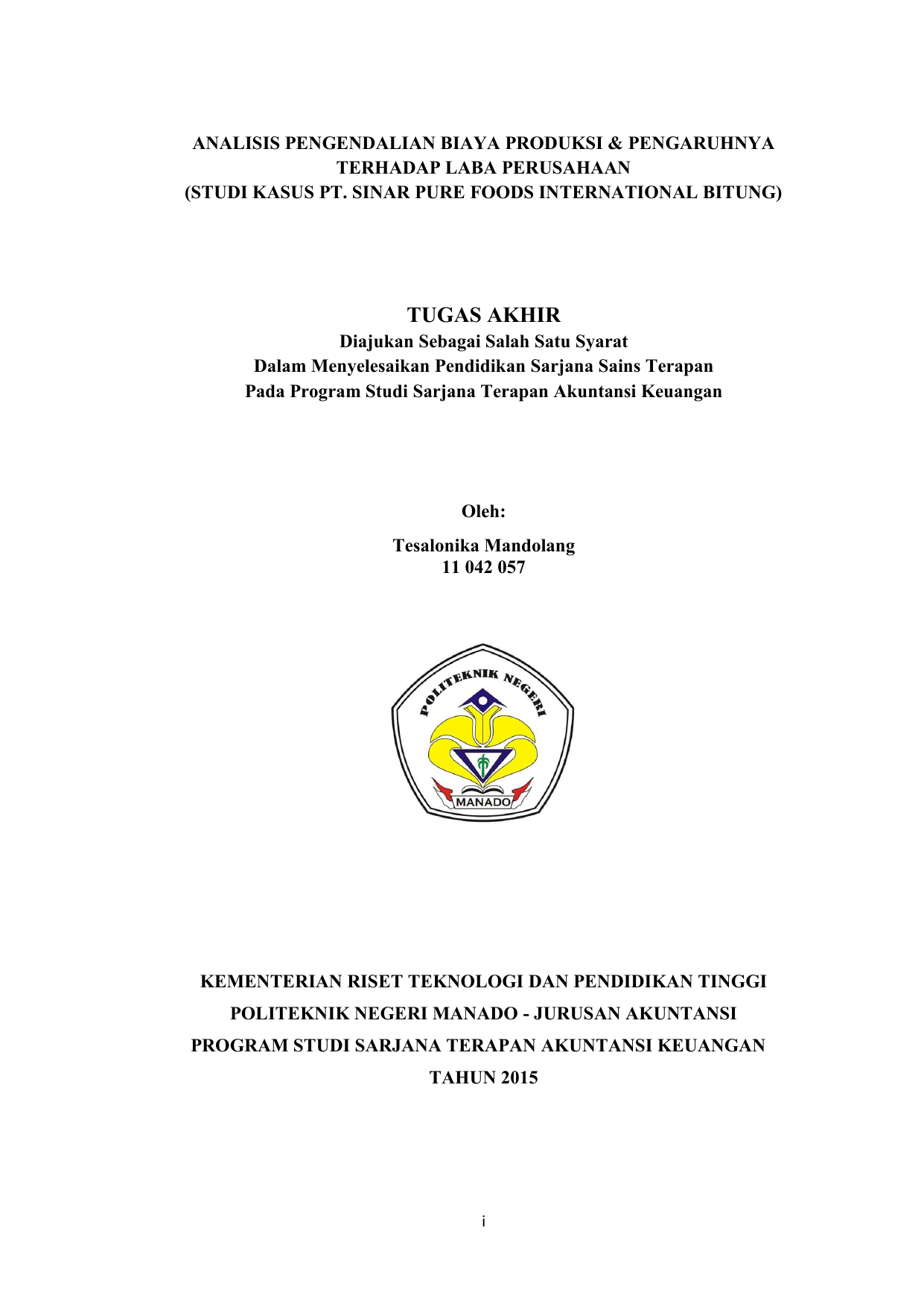 Tugas Akhir Institutional Repository Politeknik Negeri Manado