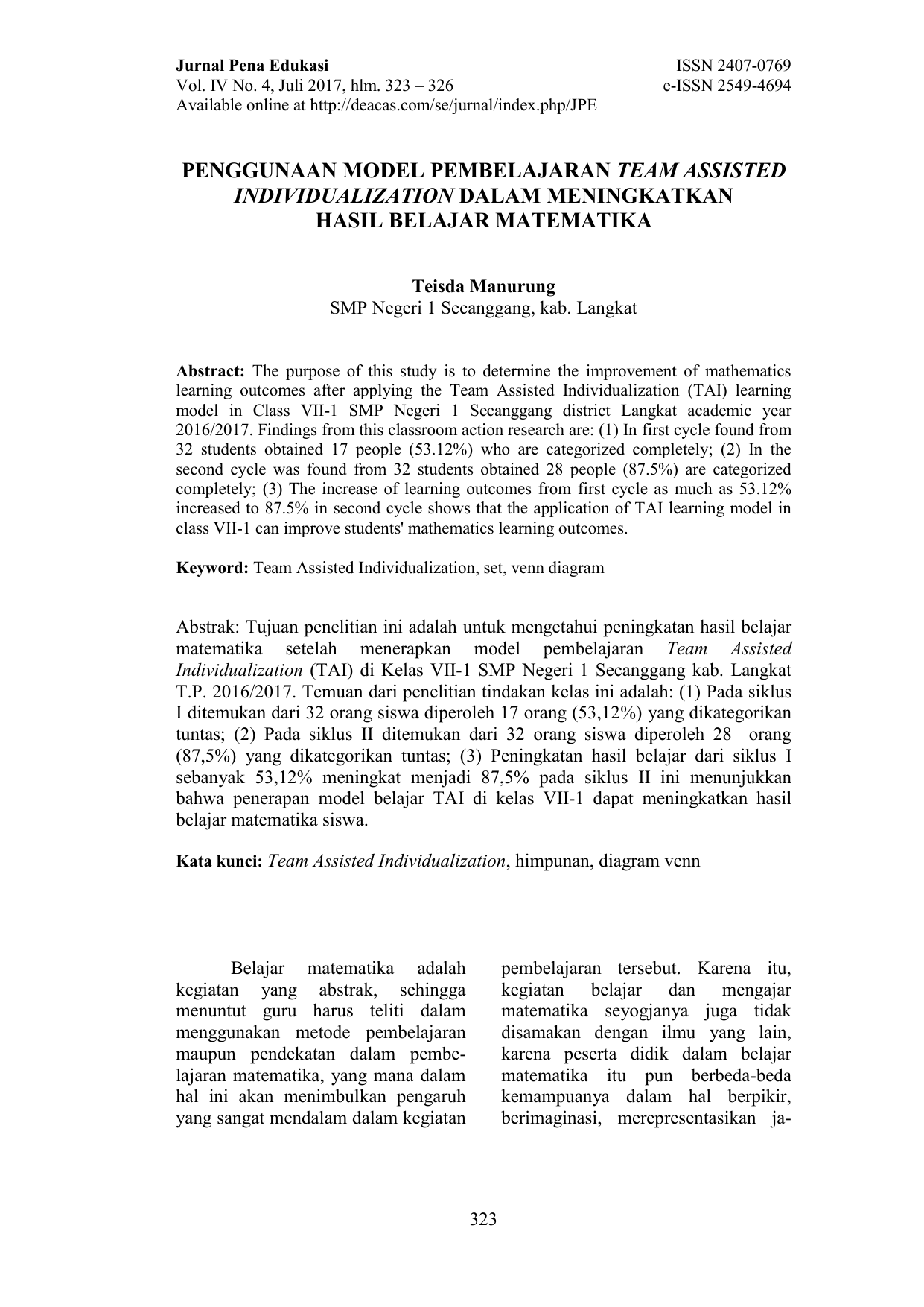  Jurnal Model Pembelajaran  Team Assisted Individualization Cara Mengajarku