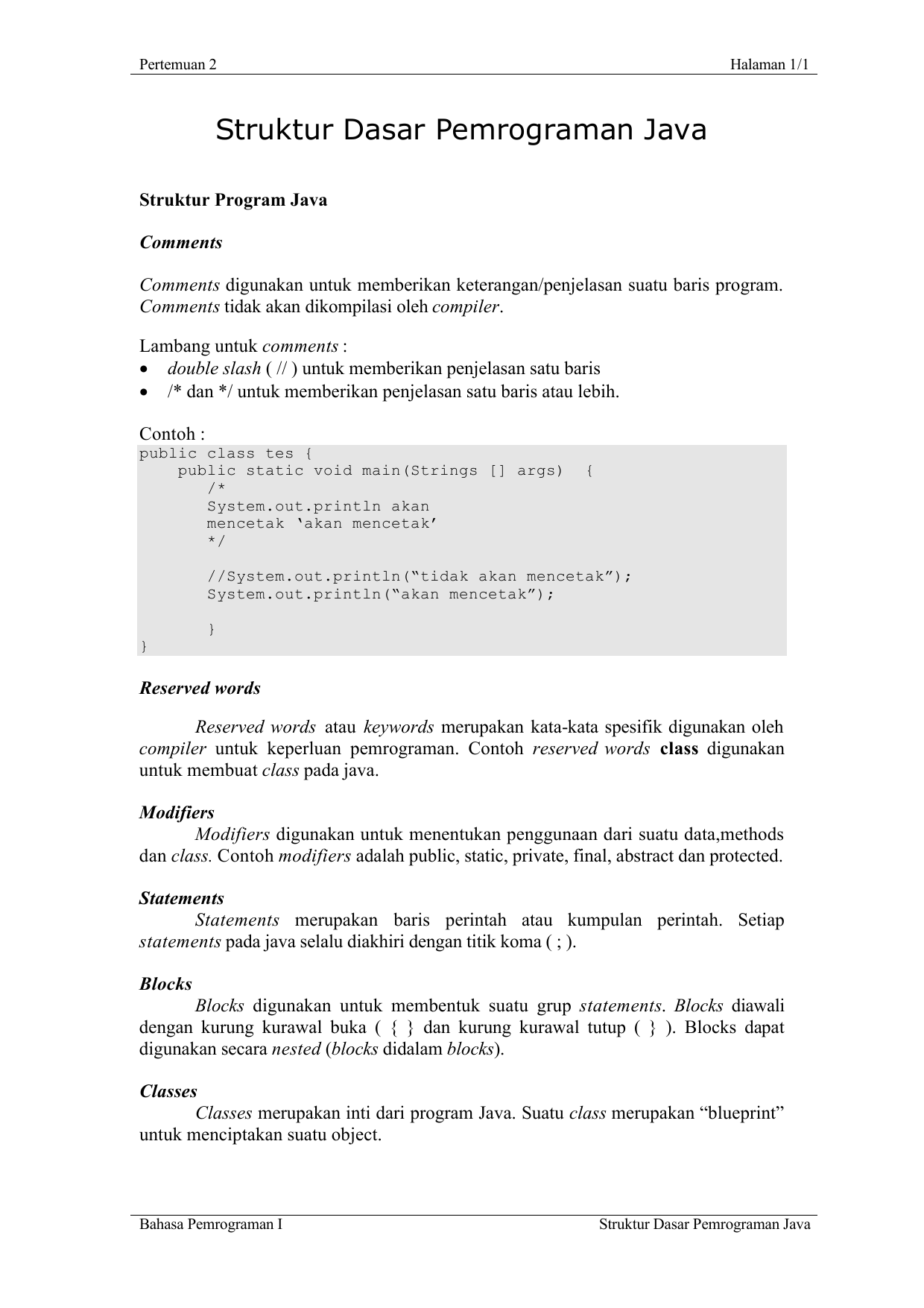 Struktur Dasar Pemrograman Java