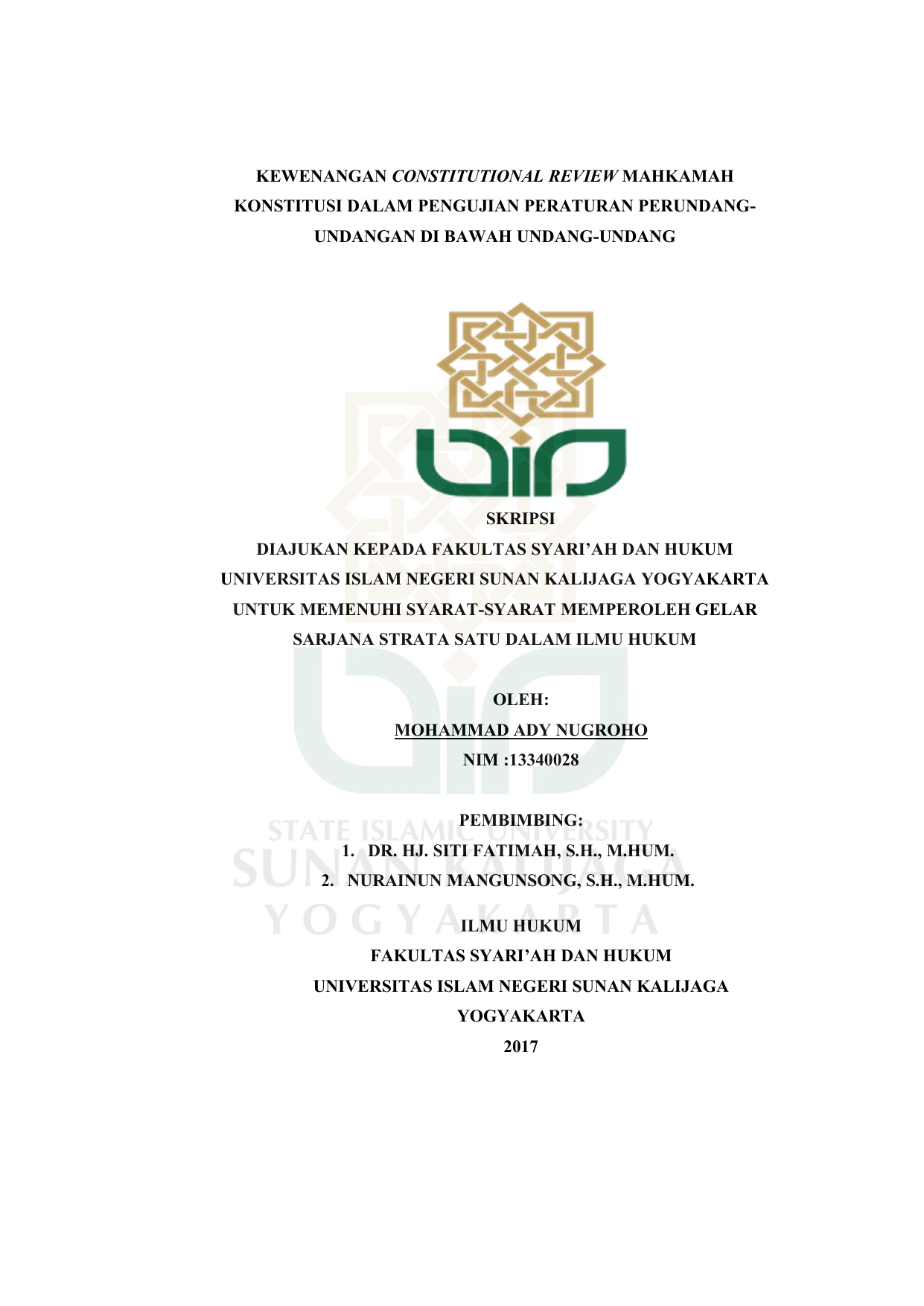 BAWAH UNDANG UNDANG SKRIPSI DIAJUKAN KEPADA FAKULTAS SYARI AH DAN HUKUM UNIVERSITAS ISLAM NEGERI SUNAN KALIJAGA YOGYAKARTA UNTUK MEMENUHI SYARAT SYARAT