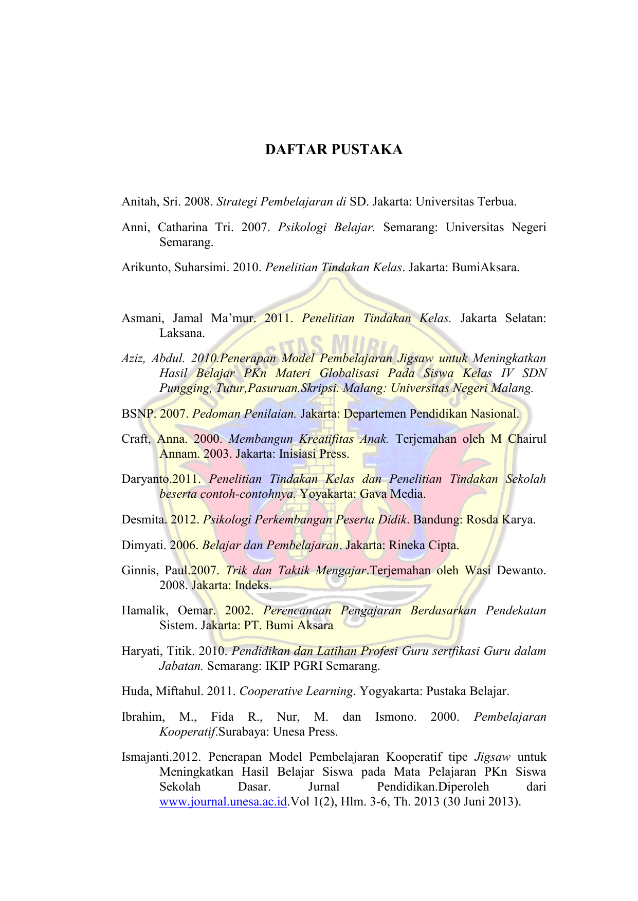 2007 Psikologi Belajar Semarang Universitas Negeri Semarang Arikunto Suharsimi 2010 Penelitian Tindakan Kelas Jakarta BumiAksara