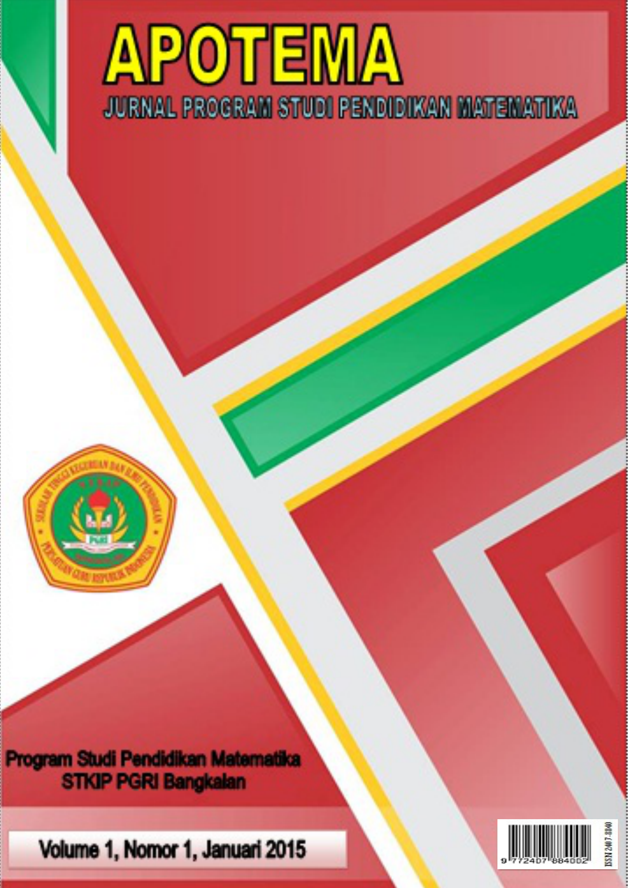 Volume 1 No 1 Januari 2015 ISSN 2407 8840 Jurnal APOTEMA adalah jurnal ilmiah yang diterbitkan Prodi Pendidikan Matematika STKIP PGRI Bangkalan secara