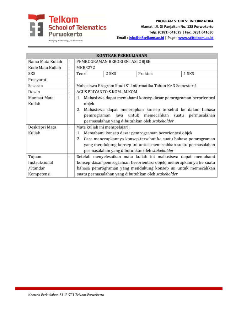 KONTRAK PERKULIAHAN Nama Mata Kuliah