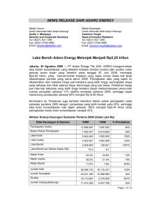 NEWS RELEASE DARI ADARO ENERGY Laba Bersih Adaro